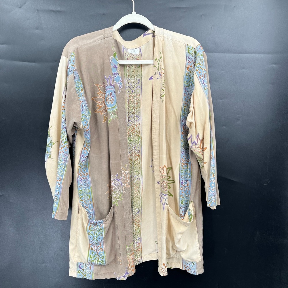 Vintage batik open front jacket duster pastel celestial boho granola hippy M